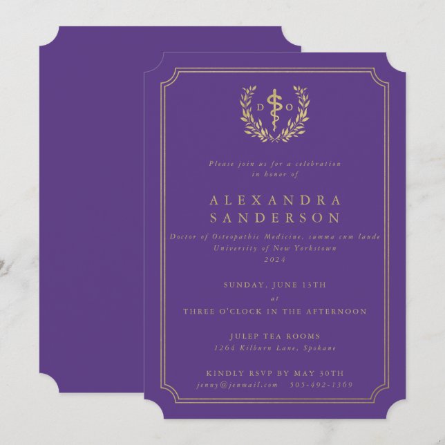 Invitation Docteur en médecine ostéopathique violet/or (Devant / Derrière)