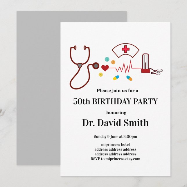 Invitation Docteur, Infirmière, anniversaire Médicale (Devant / Derrière)