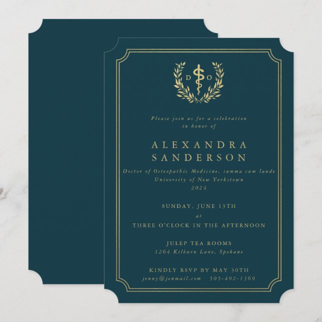 Invitation Docteur turquoise/Gold en médecine ostéopathique (Devant / Derrière)
