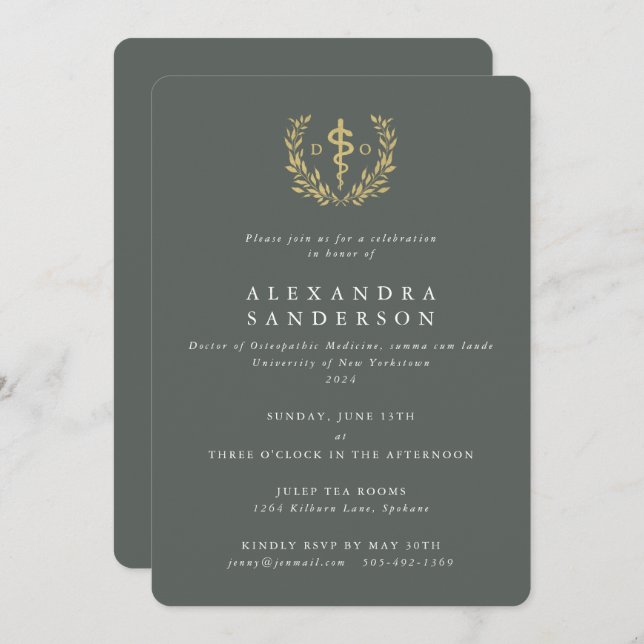 Invitation Docteur Vert/Or en Médecine ostéopathique Grad (Devant / Derrière)
