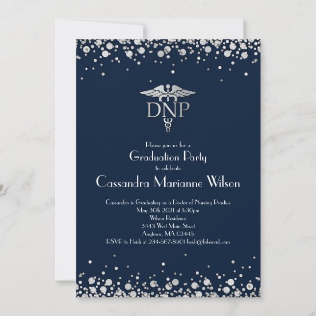 Invitation Doctor Nursing Practice Graduation NavyBlue Silver (Devant)