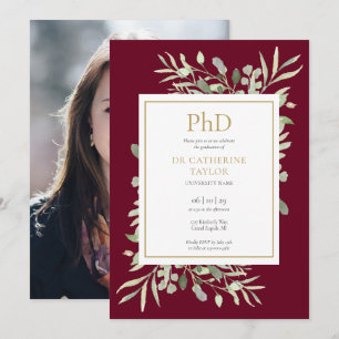 Invitation Doctorat Burgundy Green Graduation Photo