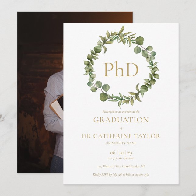 Invitation Doctorat Degré Elegant Garland Photo Party (Devant / Derrière)