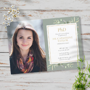 Invitation Doctorat Diplôme Sage Greenery Gold Graduation Pho