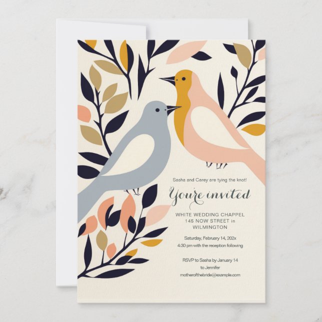 Invitation d'oiseau d'amour d'inspiration rétro (Devant)