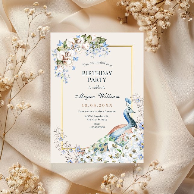 Invitation d'oiseau de paon bleu floral (Créateur téléchargé)