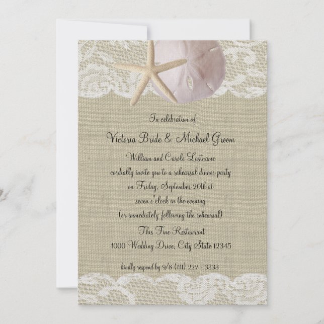 Invitation Dollar de sable et dentelle Dîner de répétition (Devant)