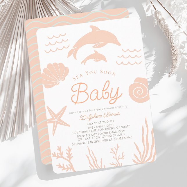 Invitation Dolphins & Seashell Sea You Bientôt Baby shower ro (Créateur téléchargé)