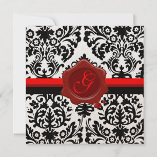 INVITATION DOMMASQUE NOIR ET BLANC, SCEAU ROUGE MONOGRAMME OR