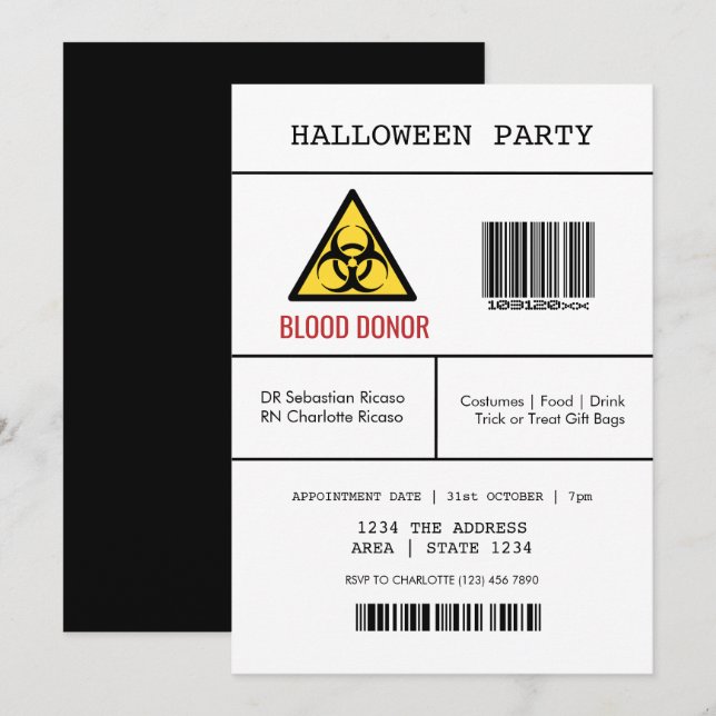 Invitation Donateur de sang dangereux du parti Halloween (Devant / Derrière)