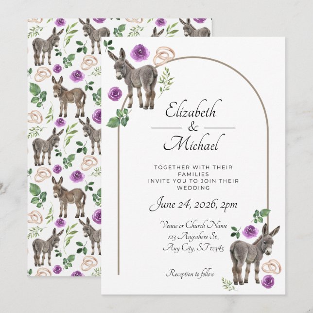 Invitation Donkey Purple Floral Rustic Wedding (Devant / Derrière)