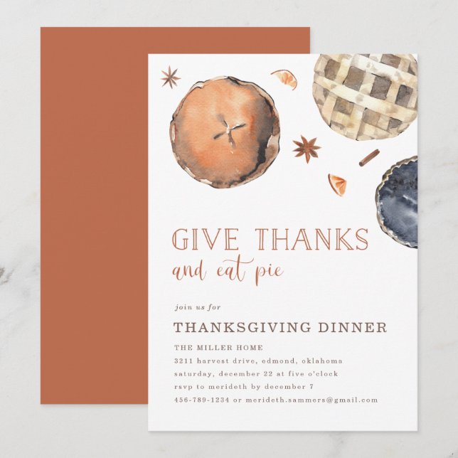 Invitation Donnez Merci et mangez Pie Thanksgiving Dîner (Devant / Derrière)