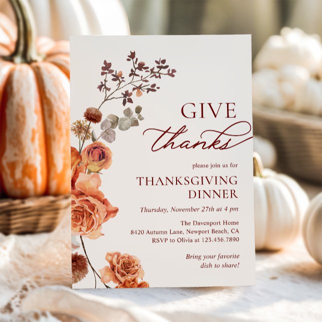 Invitation Donnez Merci Terracotta Floral Thanksgiving Dîner (Créateur téléchargé)