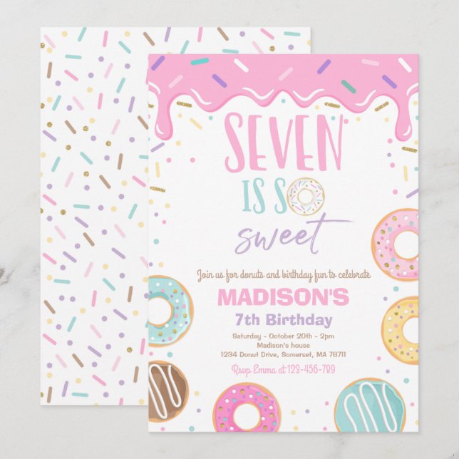 Invitation Donut 7e Anniversaire Soirée Sept est si doux (Devant / Derrière)
