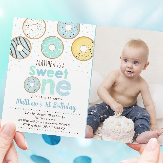 Invitation Donut bleu sucré un premier anniversaire (Créateur téléchargé)