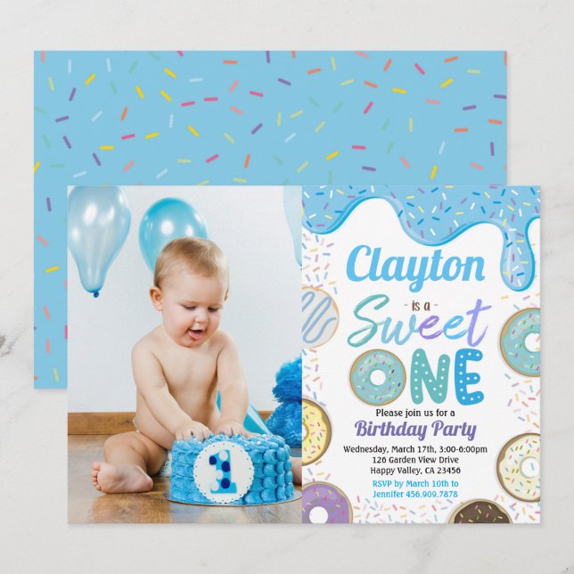 Invitation Donut Boy Sweet One 1st Birthday Party Blue Photo  (Devant / Derrière)
