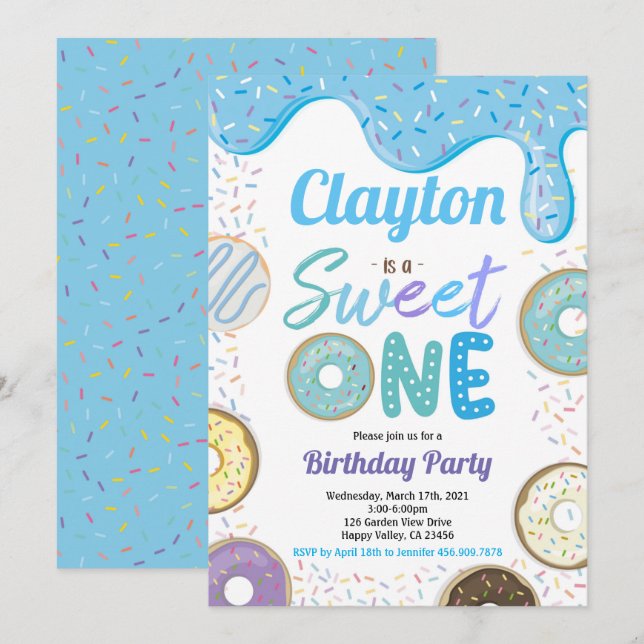 Invitation Donut Boy Sweet Un 1er Anniversaire Party Blue (Devant / Derrière)