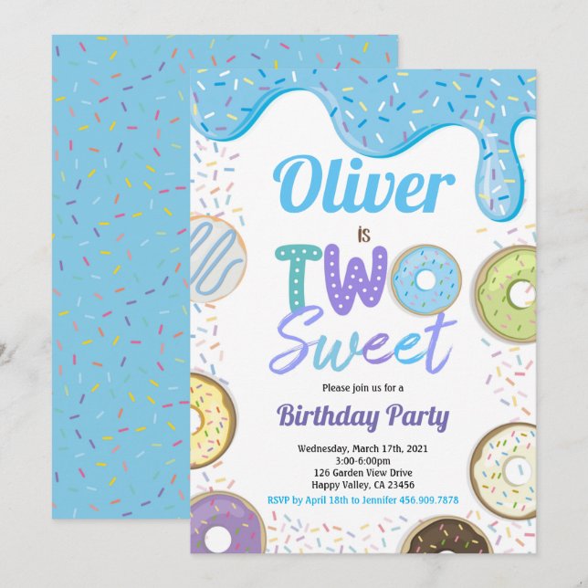 Invitation Donut Boy Two Sweet 2nd Birthday Party Blue (Devant / Derrière)
