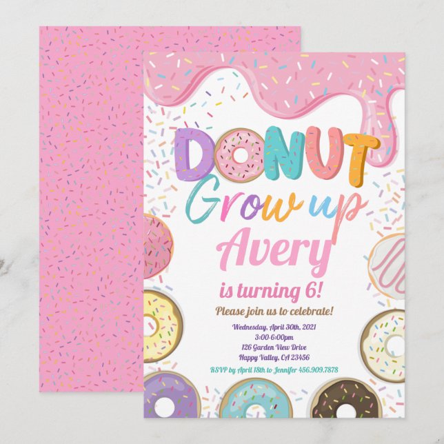 Invitation Donut Croissance Anniversaire Fête Pink Pastel Gir (Devant / Derrière)