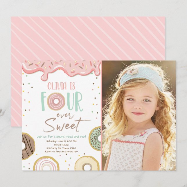 Invitation Donut Four Ever Sweet Girl 4e anniversaire (Devant / Derrière)