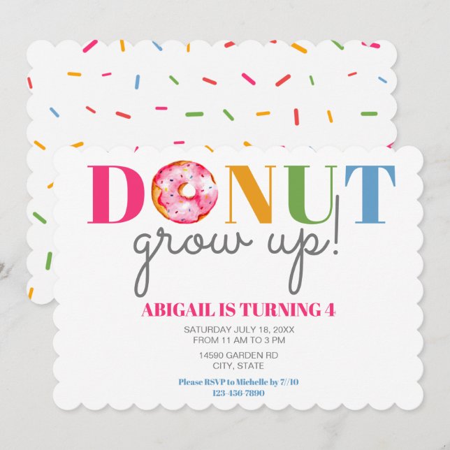 Invitation Donut Grow Up mignon Anniversaire asperge les enfa (Devant / Derrière)