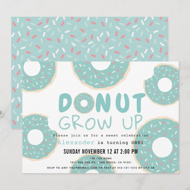 Invitation Donut Grow Up Turquoise Blue Boy 1er anniversaire (Devant / Derrière)