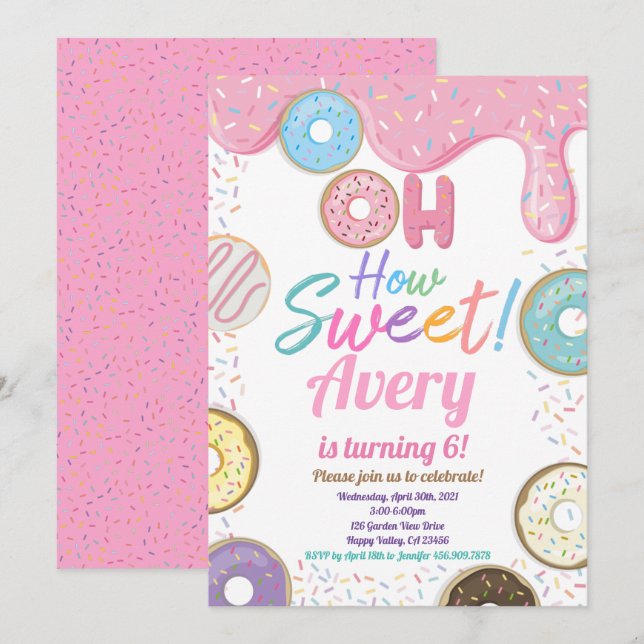 Invitation Donut How Sweet Birthday Party Pink Pastel Girl (Devant / Derrière)