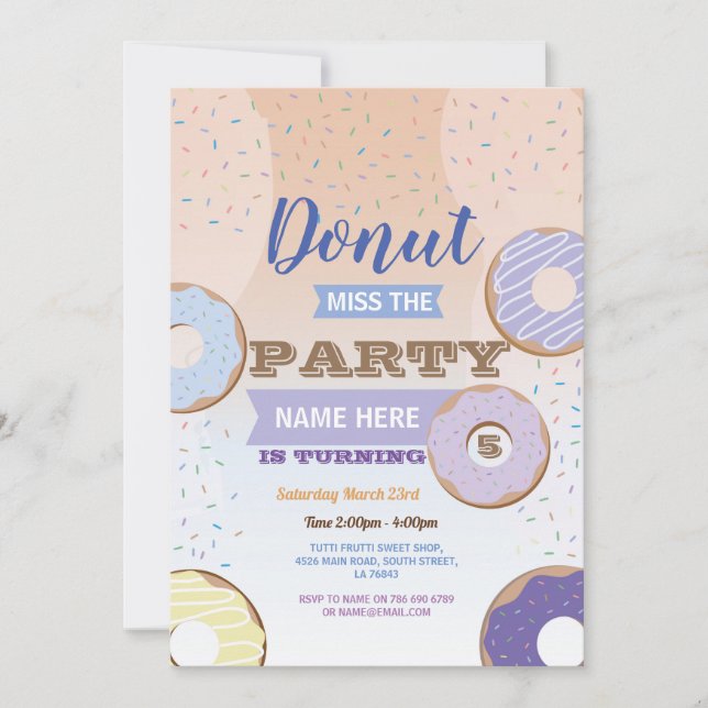 Invitation Donut Miss La Fête Anniversaire Doughnut Blue Cake (Devant)