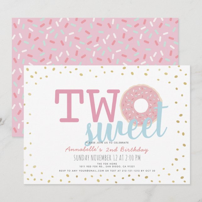 Invitation Donut or rose blanc deux filles douces 2e annivers (Devant / Derrière)