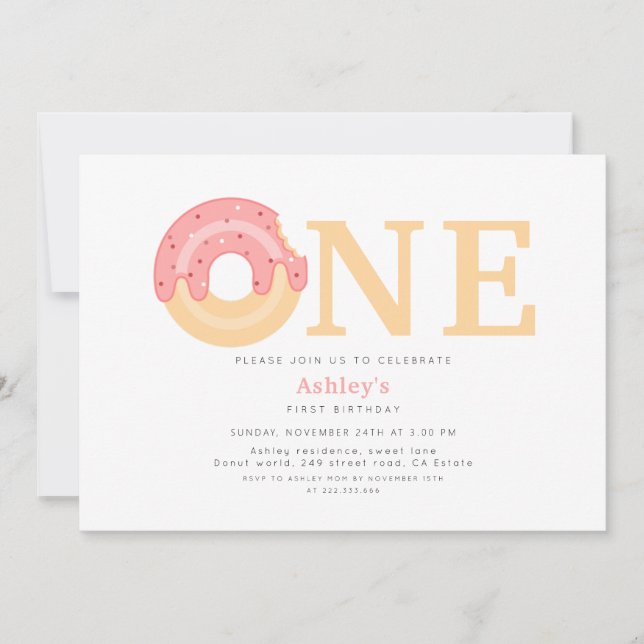 Invitation Donut rose Un 1er anniversaire (Devant)