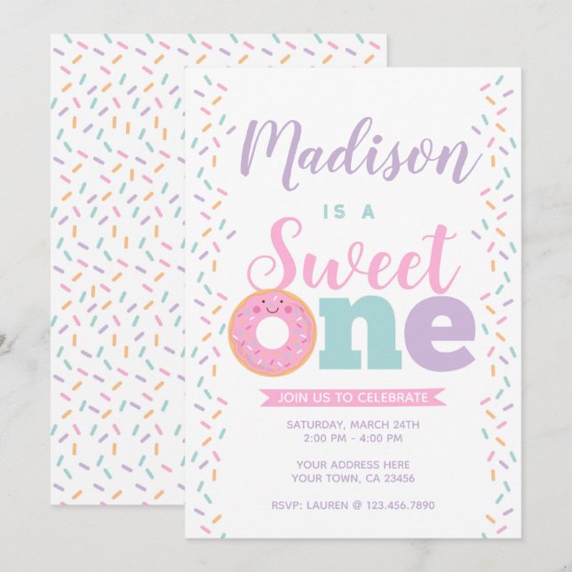 Invitation Donut, Sweet One, 1er anniversaire (Devant / Derrière)