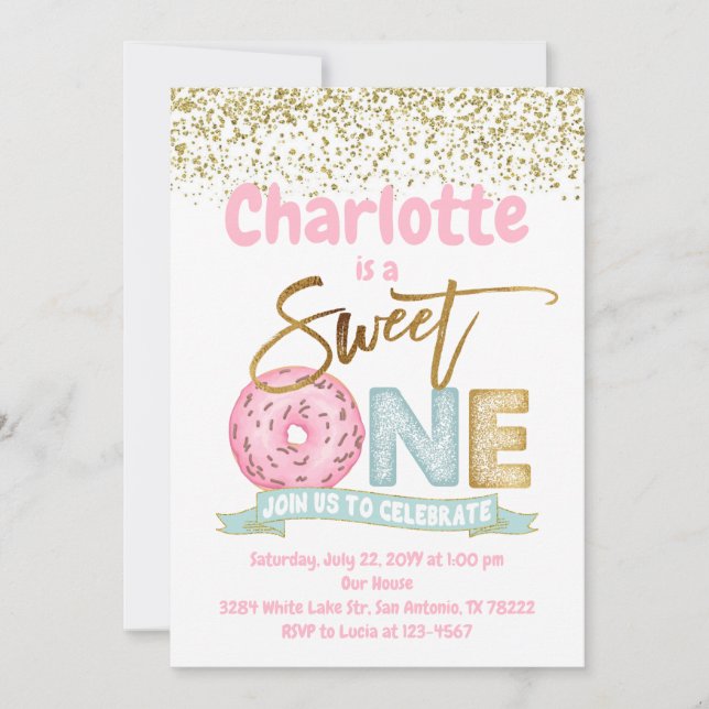Invitation Donut Sweet One Gold Sprinkings 1er Anniversaire (Devant)