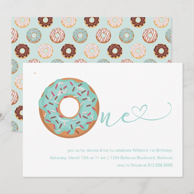 Invitation Donut Turquoise Blue & Sprinkings 1er anniversaire (Devant / Derrière)