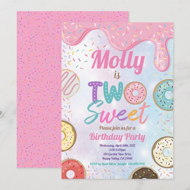 Invitation Donut Two Sweet 2e fête d'anniversaire Pink Pastel (Devant / Derrière)