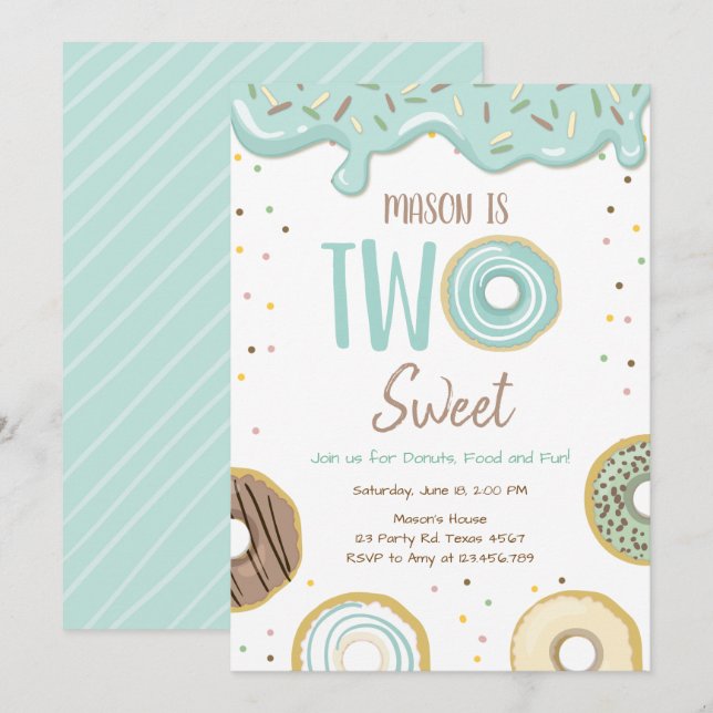 Invitation Donut Two Sweet Blue Pastel Deuxième fête d'annive (Devant / Derrière)