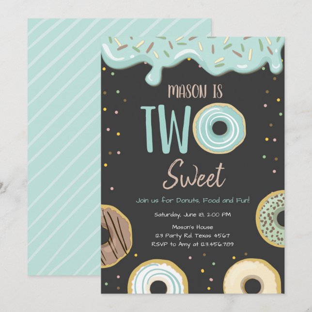 Invitation Donut Two Sweet Blue Pastel Deuxième fête d'annive (Devant / Derrière)
