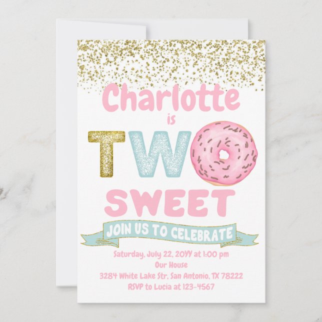 Invitation Donut Two Sweet Gold Sprinkings 2e anniversaire (Devant)
