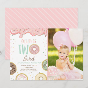 Invitation Donut Two Sweet Rose Doughnut Fille fête d'anniver