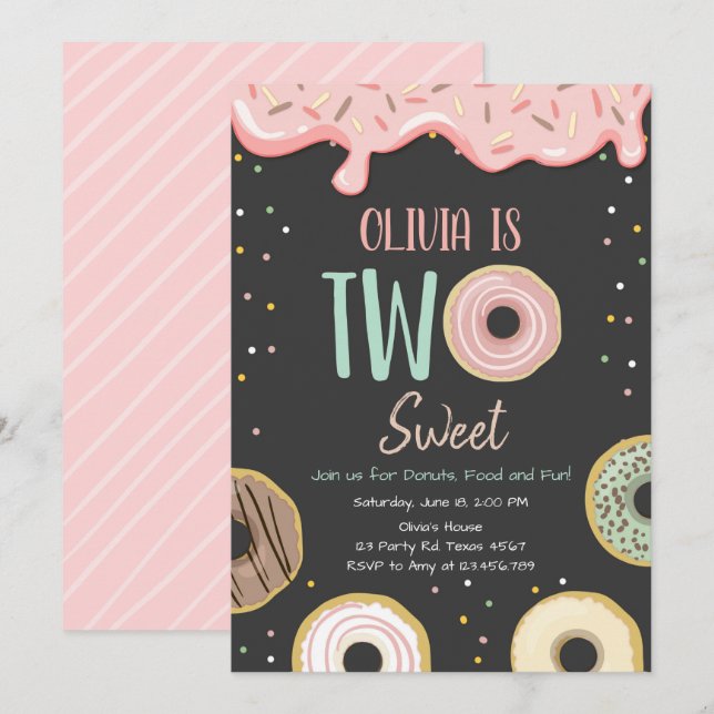 Invitation Donut Two Sweet Rose Doughnut Fille fête d'anniver (Devant / Derrière)