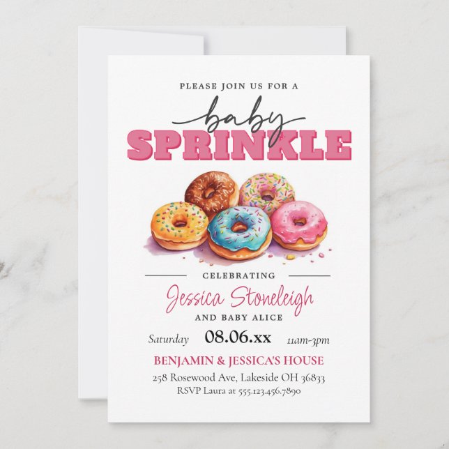 Invitation Donuts Bébé Rose saupoudré Fille de bébé (Devant)