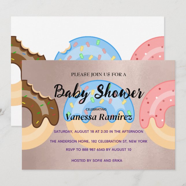 Invitation Donuts doux, cadeau bébé en or rose (Devant / Derrière)