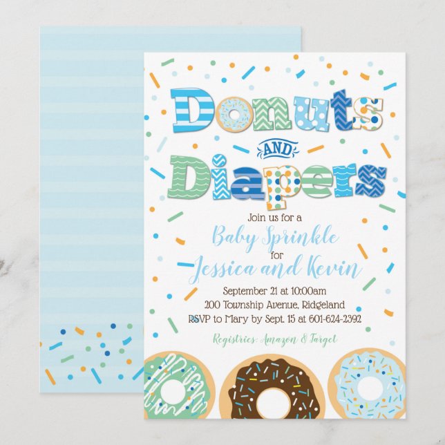 Invitation Donuts et Diapeurs Bébé Garçon Sprinke ou douche (Devant / Derrière)