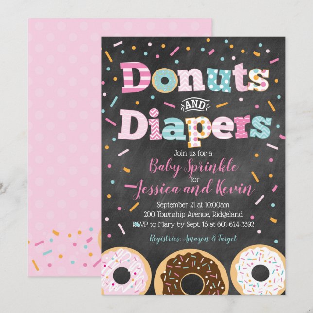 Invitation Donuts et plongeurs Baby Girl Sprinkings or Showsh (Devant / Derrière)