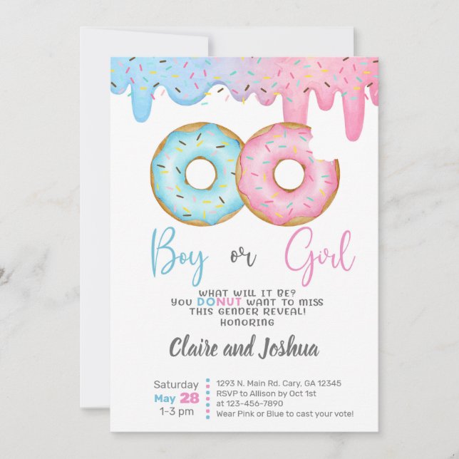 Invitation Donuts Gender Reveal invitation, he or she. (Devant)