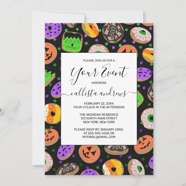 Invitation Donuts paillets confettis mignons cool Halloween (Devant)