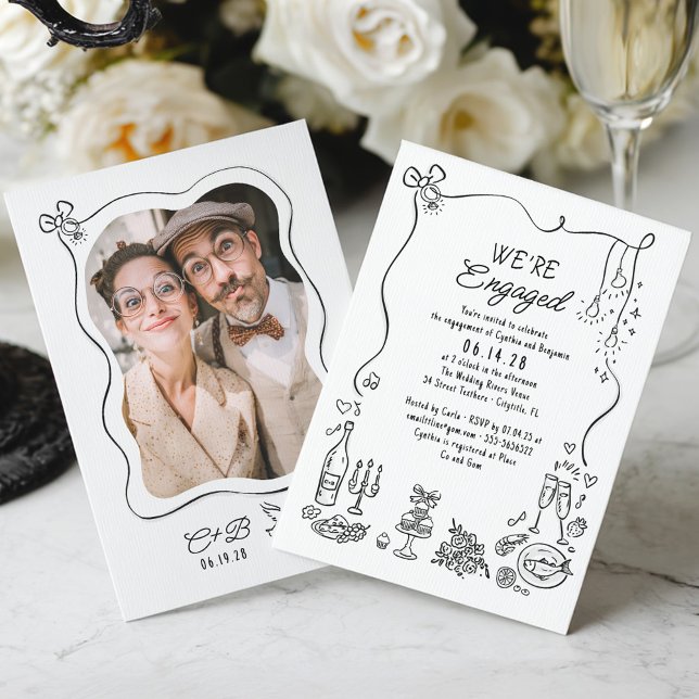 Invitation Doodle à main levée photo de la partie d'engagemen (Whimsical Funky Hand-drawn Engagement Party Photo Invitation)