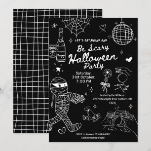 Invitation Doodle à main noire et blanche Fête d'Halloween