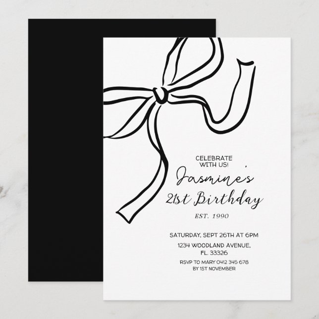 Invitation Doodle Bow noir dessiné à la main (Devant / Derrière)