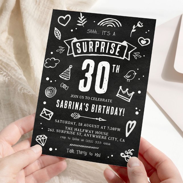 Invitation Doodle Chalkboard amusant Surprise 30e anniversair (Créateur téléchargé)