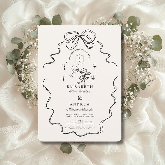 Invitation Doodle Champagne Whimsical Bow Mariage (Créateur téléchargé)